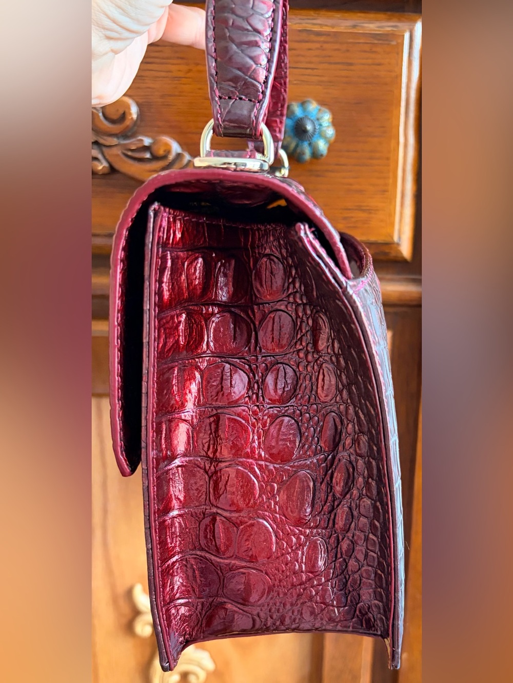 Brahmin Red Croc-Embossed Satchel with Swarovski Wreath Buckle, and Bird Charm - Picture 9 of 12